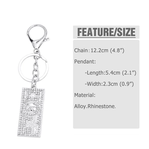 Close-up of sparkling rhinestone $100 bill pendant with alloy lobster clasp details