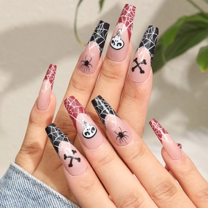 Halloween Press On Nails Long Coffin Ballerina False Nails Spider Web Skull Pattern Artificial Nail Art For Women