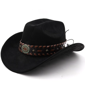 Detail of black suede cowboy hat featuring braided leather band with turquoise rivet badge