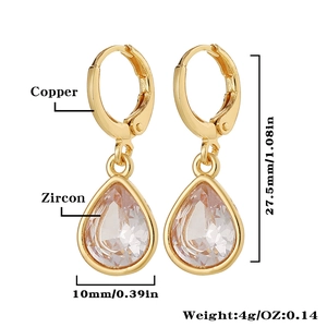 Detail specifications of water drop earrings showing copper zircon material and 27.5mm size