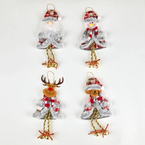 Set of 4 Christmas plush ornaments with Santa, Snowman, Reindeer, Bear and golden bells