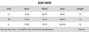 Detailed size chart for women's polka dot three-piece bikini set with measurements in cm