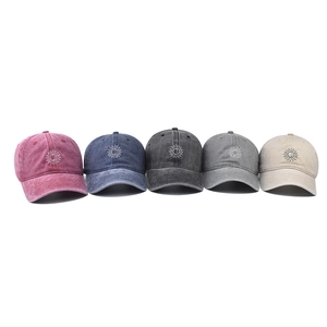 Vintage washed cotton baseball caps with sun and moon embroidery in five colors