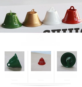 Detailed views of multi-color bell ornaments in green, gold, white, and red for Christmas
