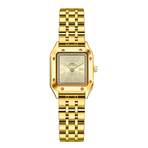 Vintage women's square gold watch with Roman numerals and metal link strap on white background