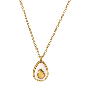 Titanium steel avocado necklace with white shell inlay and gold plating on white background