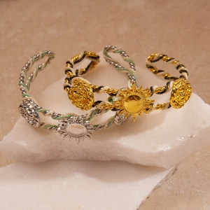 Bohemian braided metal open bangle featuring vintage sunflower and rose engravings