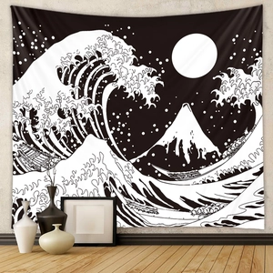 Detail showing high-density polyester fabric with Japanese wave art for wall decoration