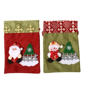 Christmas burlap gift bags with Santa and Snowman plush appliques and drawstring closure