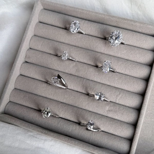 Elegant collection of S925 sterling silver rings with oval gems in a grey velvet jewelry box