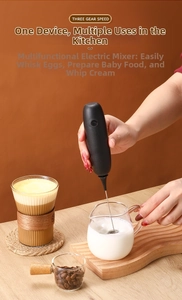 Detail of hand holding a black electric milk frother mixing foam in a glass pitcher