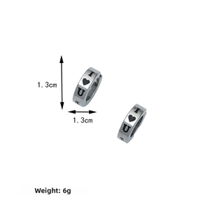 Detail of silver titanium steel earrings engraved with I Love You and size specs