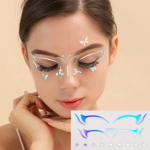 Detail of laser iridescent butterfly face stickers and silver stars for party makeup
