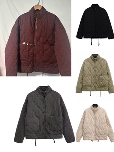 Detailed view of quilted cotton jacket featuring stand collar and large front patch pockets