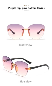 Detail view of purple-pink gradient oversized butterfly sunglasses with gold hardware