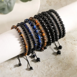 Natural Lava Stone Tiger Eye Beaded Bracelet Adjustable Braided Rope Vintage Ethnic Handmade Jewelry For Men Women