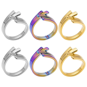 Modern geometric 304 stainless steel rings shown in silver, gold, and iridescent finishes