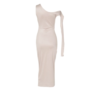 Close-up of beige one-shoulder dress showing the long streamer detail and fabric texture