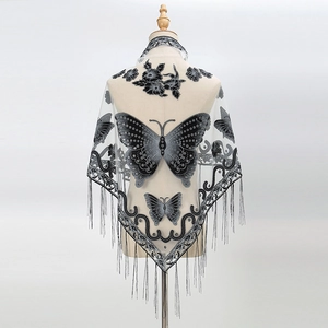 Women Lace Triangle Scarf Butterfly Embroidery Hollow Out Tassel Mesh Shawl Elegant Vintage Wrap