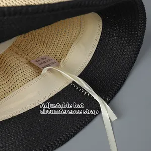 Detail of adjustable inner strap and woven texture on contrast bucket hat