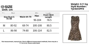 Detailed size chart for slim leopard print dress including bust, waist, and hip measurements