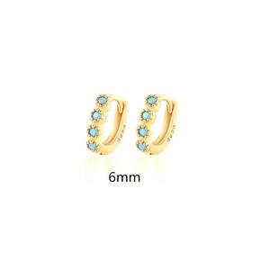 Detail of 6mm gold plated S925 silver hoop earrings with small turquoise stones