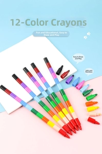 Detail of 12-color stackable crayons showing modular design on pink and blue background