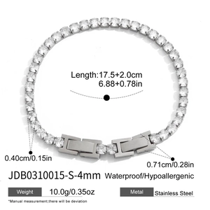 Détail du bracelet tennis en acier doré 18K avec spécifications de 17,5+2,0 cm