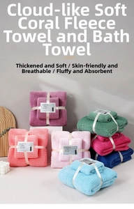 Detail of coral fleece towel set featuring striped texture and elegant ribbon packaging