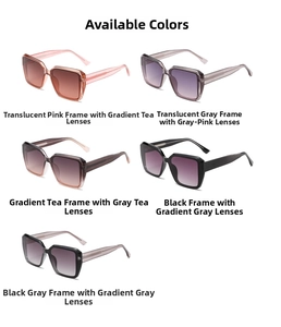 Detail showcase of square frame sunglasses in pink, grey, tea, and black color options