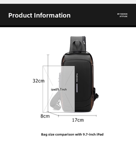 Waterproof men's chest bag dimensions info showing 32x17x8cm fits 9.7 inch iPad