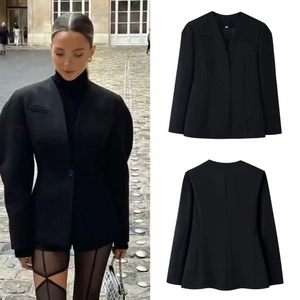 Women Black Blazer Jacket Puff Long Sleeve V Neck Single Breasted Polyester Elegant Commuter Style Outerwear