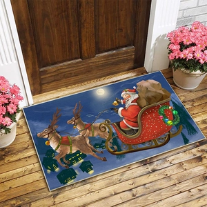 Christmas Santa Claus reindeer sleigh doormat on wooden porch entrance for holiday decor