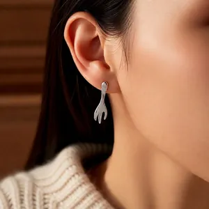 Creative silver fork earrings with polished mirror finish for women stylish jewelry set