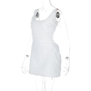 Detail of white faux fur mini dress with backless design on clear mannequin