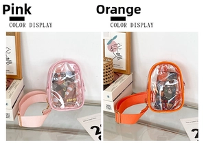 Pink and orange PVC jelly crossbody bags with adjustable straps shown in split view