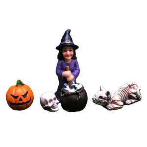 Halloween-Harzfiguren-Set mit Hexe am Kessel, Kürbis, Totenkopf und Tier-Skelett-Dekoration