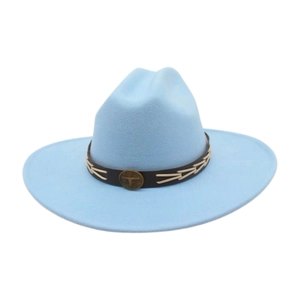 Western Cowboy Hat Wide Brim Felt Fedora Vintage Retro Sun Protection With Bull Head Metal Badge Leather Band For Women