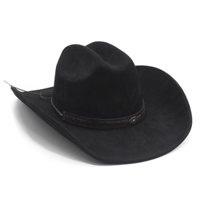 Close-up of black western cowboy hat with woven band and turquoise bead detail