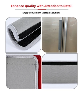 Detail view of anti-slip fabric refrigerator handle covers with Velcro closures and stitching