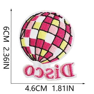 Detailed view of pink Disco theme embroidery patch with dimensions 6x4.6cm