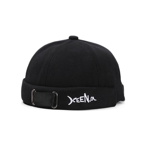 Retro black brimless beanie with metal rings and white art embroidery for street style