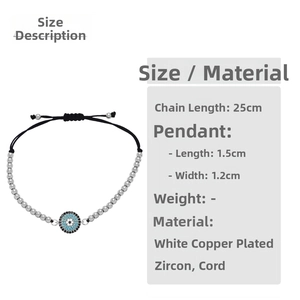 Detail showing evil eye charm dimensions 1.5x1.2cm on a 25cm beaded rope bracelet