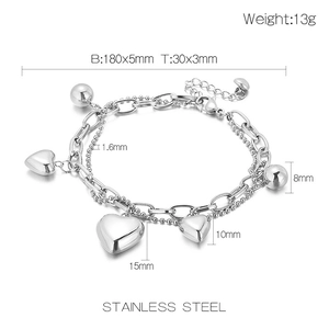 Detailed size dimensions and weight of a silver double-layer stainless steel heart bracelet