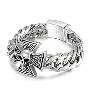 Men's 316L Stainless Steel Skull Cross Bracelet Gothic Punk Cuban Link Chain Retro Silver Color Fashion Jewelry