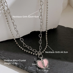 Detail of pink heart crystal necklace with dimensions and layered chain specifications