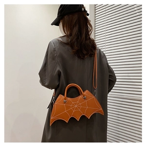 Brown bat-shaped PU leather bag with white spider web embroidery and long strap