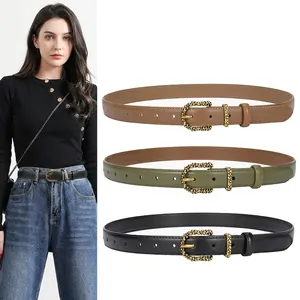 Women Vintage Split Cowhide Leather Belt With Retro Embossed Alloy Pin Buckle Fashion Casual Versatile Denim Belt For Lady