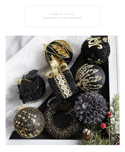 Detail of luxury black and gold Christmas ball ornaments with glitter and velvet textures