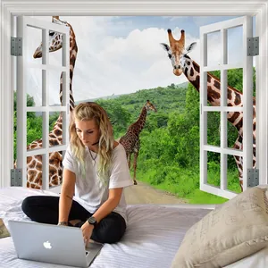 Detail view of 3D window wall tapestry featuring a giraffe and African savanna landscape